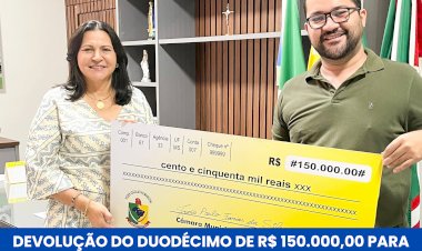 Câmara Municipal devolve R$ 150 mil de duodécimo, o valor dará aporte financeiro à Saúde do município