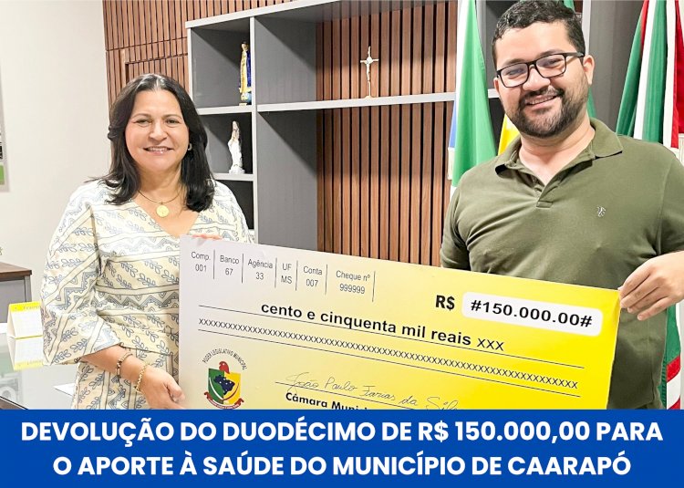 Câmara Municipal devolve R$ 150 mil de duodécimo, o valor dará aporte financeiro à Saúde do município