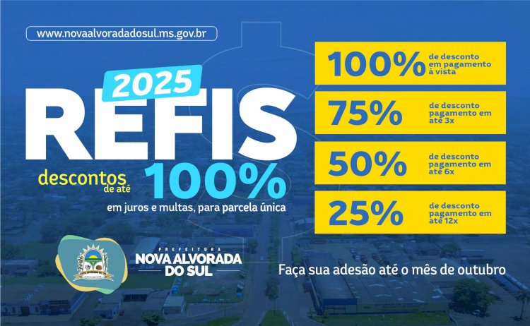 Prefeitura de Nova Alvorada do Sul lança o Refis 2025 com descontos de até 100% em juros e multas